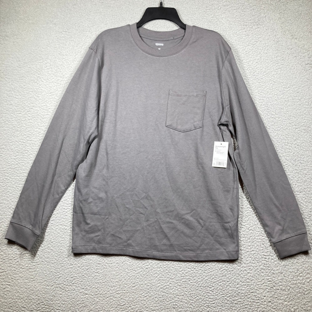 Sonoma Long Sleeve Tee Mens M Gray Heavyweight Cotton Pocket Crew Neck New